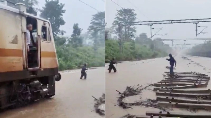 Indian Railways staff guide trains through 3 foot floodwaters in Satna Manikpur section