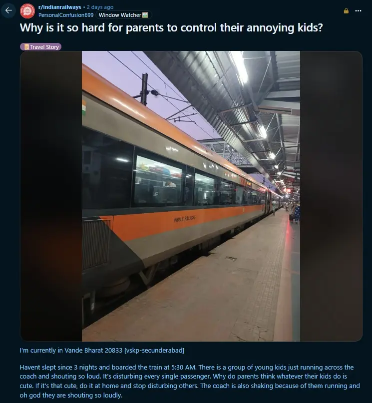Vande Bharat Express Passenger in Visakhapatnam-Secunderabad Route Frustrated by Noisy Children Disrupting Sleep