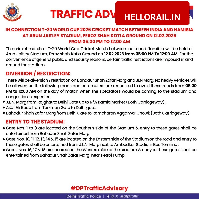 Delhi Traffic Advisory: Delhi Traffic Police Issues New Rules for India vs Namibia T20 World Cup Match